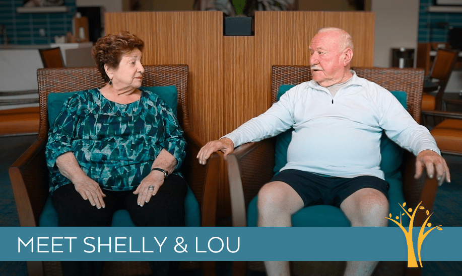 Shelly and Lou, an elderly couple who are seated and talking